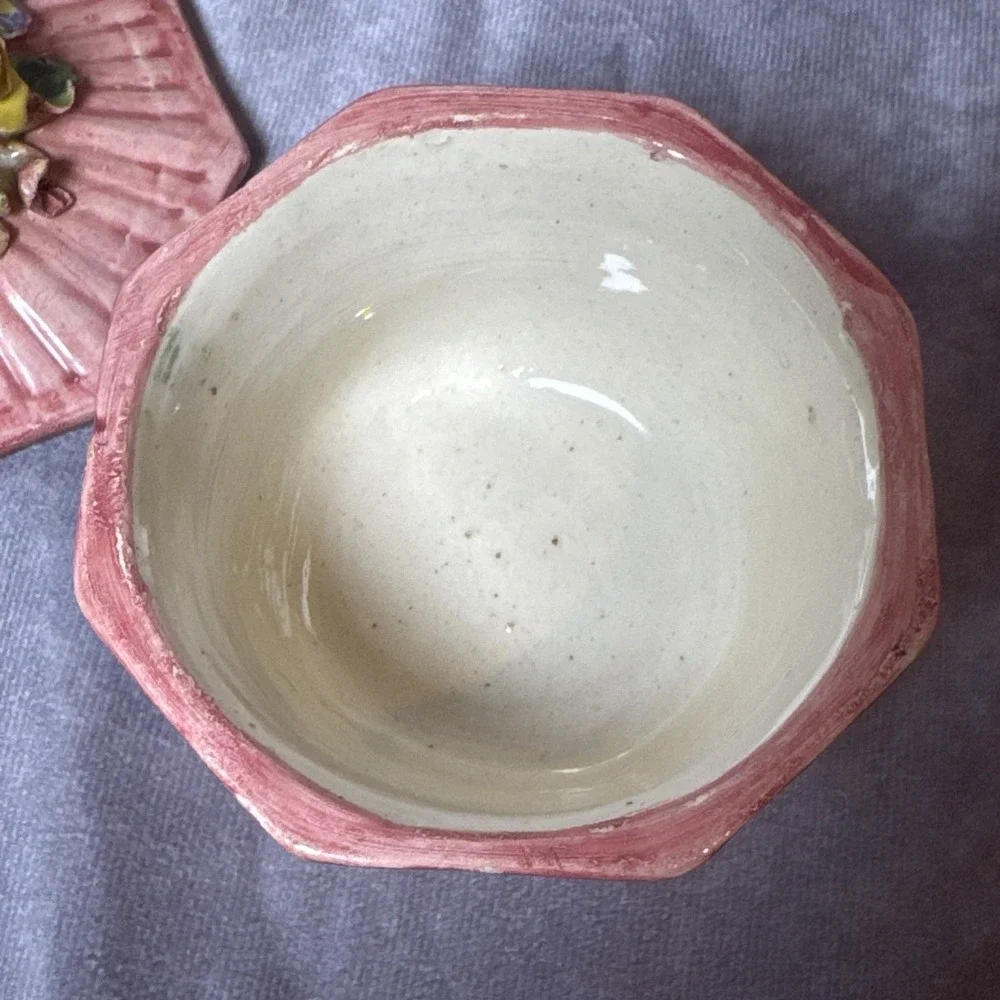 VINTAGE Capodimonte Cupcake Trinket Box Ring Dish Italy Pink Floral topper VGUC!